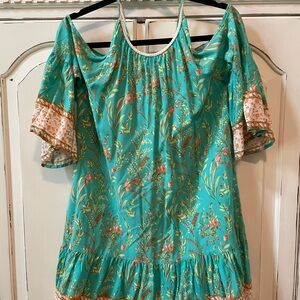 Floral Off-Shoulder Dress in Teal and Beige